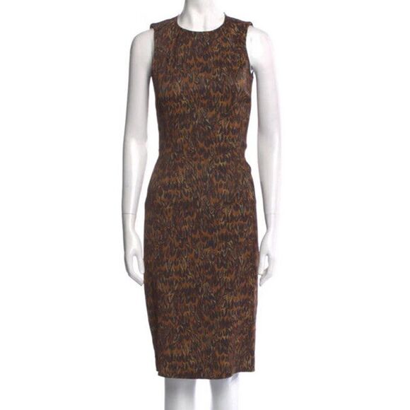 Brown Michael Kors Collection Feather Print Midi Dress Women’s Size 2 Made Italy - Picture 1 of 12